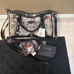 Ed Hardy Leopard Skull Print Satchel in Pink and Black